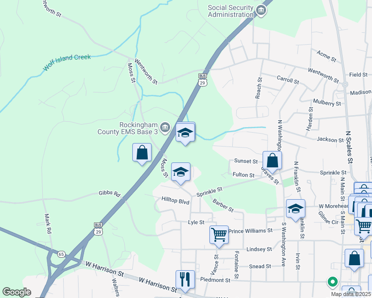 map of restaurants, bars, coffee shops, grocery stores, and more near 419 Moss Street in Reidsville