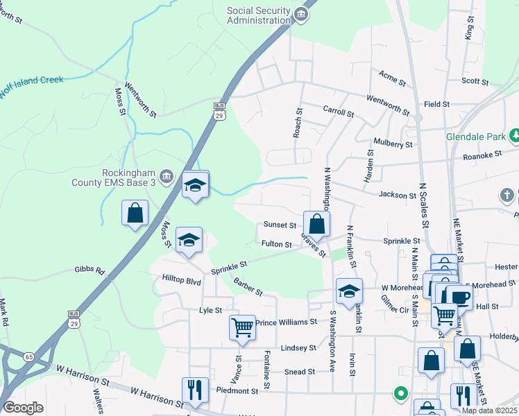 map of restaurants, bars, coffee shops, grocery stores, and more near 901 Moore Street in Reidsville