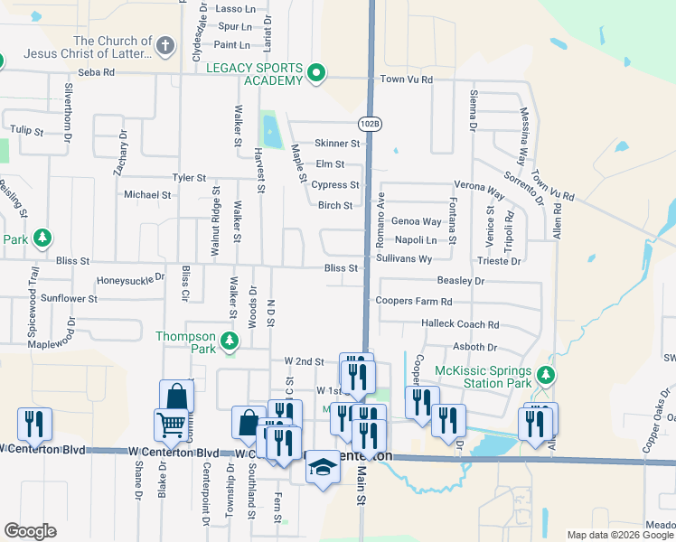map of restaurants, bars, coffee shops, grocery stores, and more near 105 Fox Run Circle in Centerton