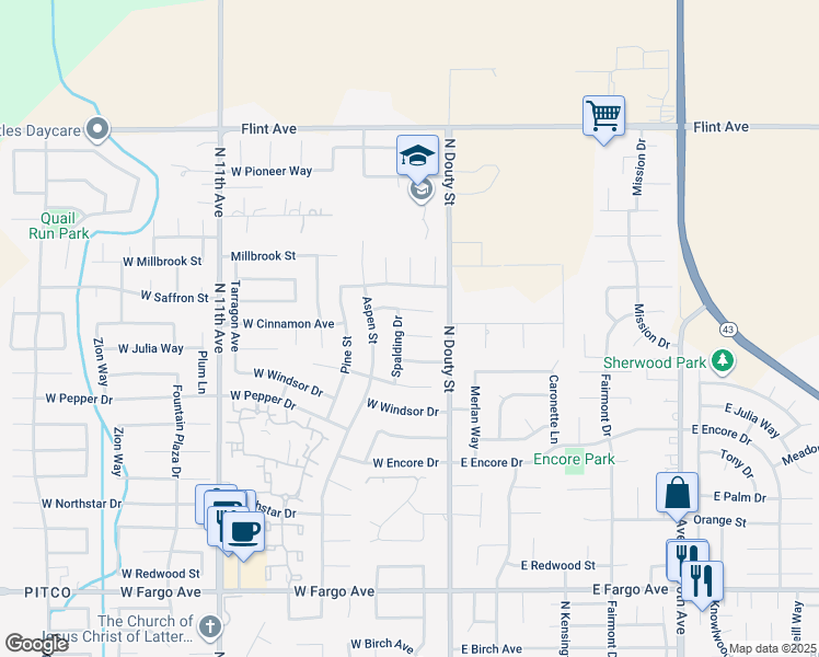 map of restaurants, bars, coffee shops, grocery stores, and more near 202 Cinnamon Court in Hanford