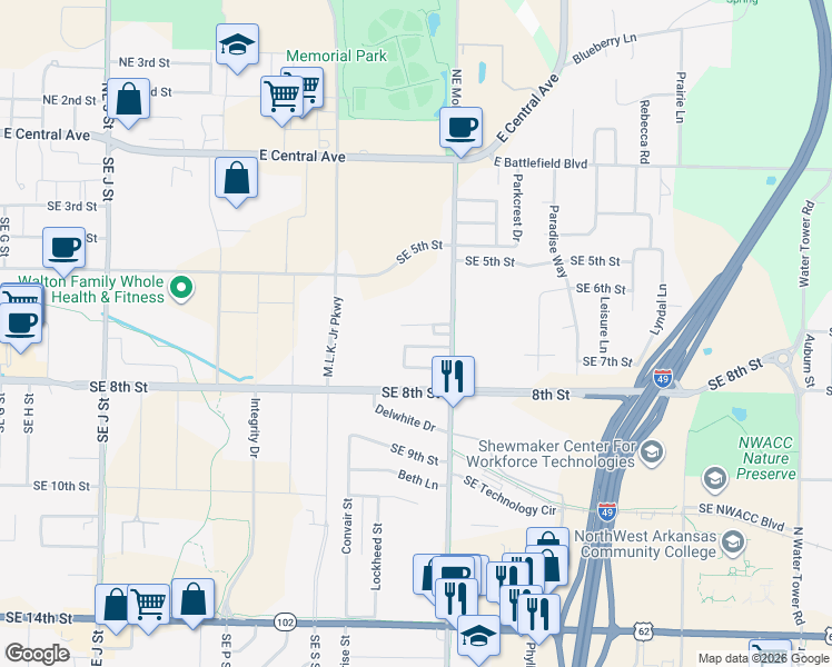 map of restaurants, bars, coffee shops, grocery stores, and more near 2400 Southeast Jayel Terrace in Bentonville