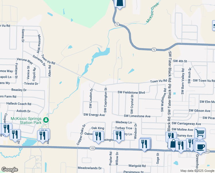 map of restaurants, bars, coffee shops, grocery stores, and more near 600 Southwest Caprington Street in Bentonville