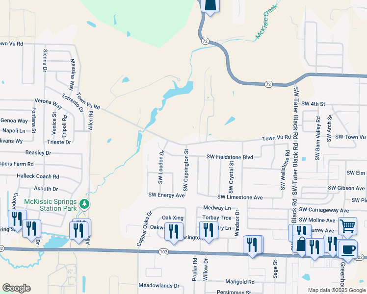 map of restaurants, bars, coffee shops, grocery stores, and more near 600 Southwest Caprington Street in Bentonville