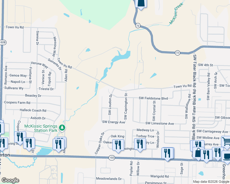 map of restaurants, bars, coffee shops, grocery stores, and more near 600 Southwest Loudon Drive in Bentonville