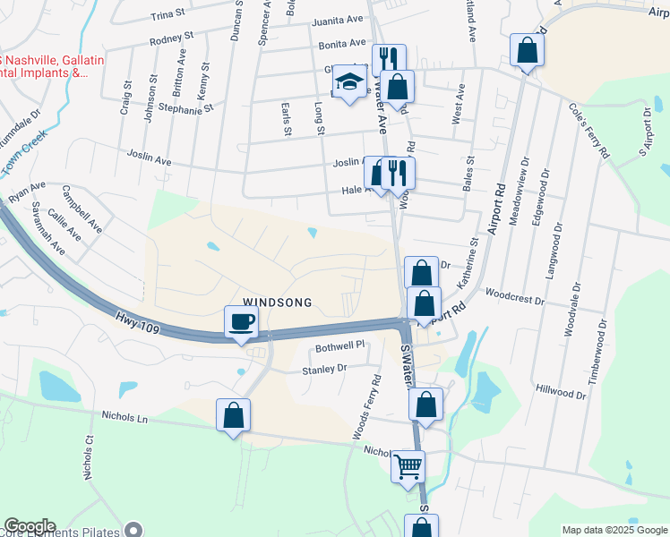 map of restaurants, bars, coffee shops, grocery stores, and more near Carderock Springs Drive in Gallatin