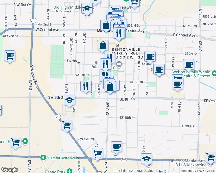 map of restaurants, bars, coffee shops, grocery stores, and more near 609 Southwest A Street in Bentonville
