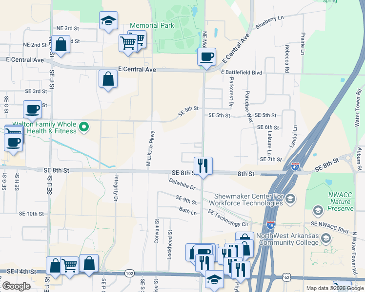 map of restaurants, bars, coffee shops, grocery stores, and more near 2400 Southeast Jayel Terrace in Bentonville