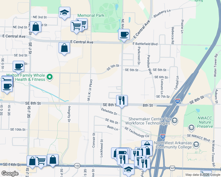 map of restaurants, bars, coffee shops, grocery stores, and more near 2400 Southeast Jayel Terrace in Bentonville