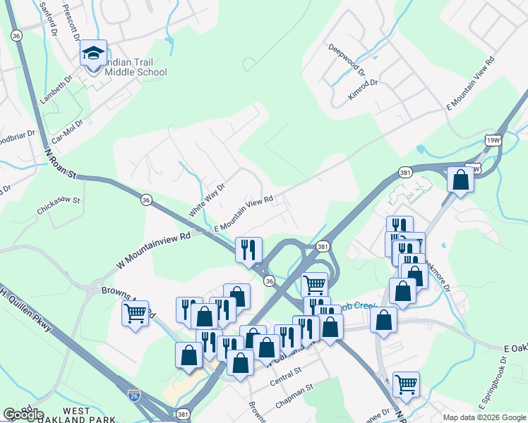 map of restaurants, bars, coffee shops, grocery stores, and more near 402 East Mountain View Road in Johnson City