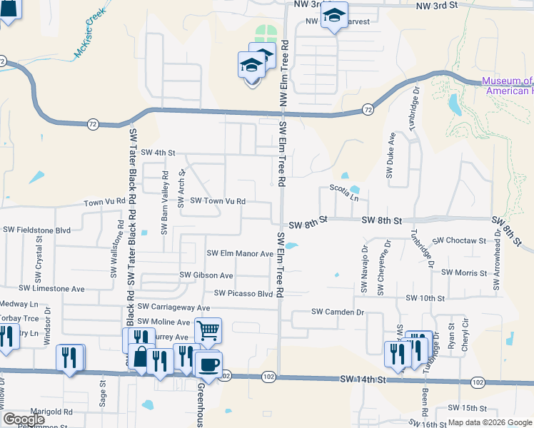 map of restaurants, bars, coffee shops, grocery stores, and more near 3401 Southwest Town Vu Road in Bentonville