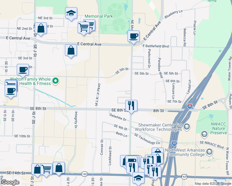 map of restaurants, bars, coffee shops, grocery stores, and more near 2400 Southeast Jayel Terrace in Bentonville