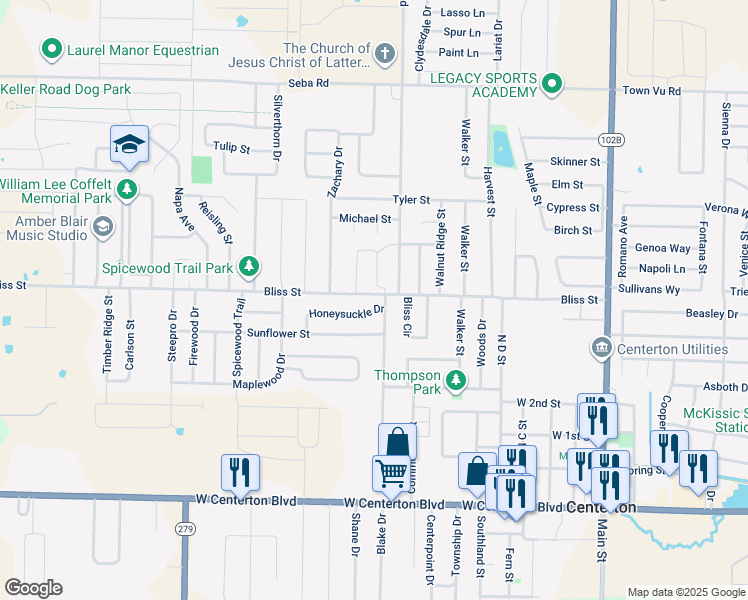 map of restaurants, bars, coffee shops, grocery stores, and more near 821 Bliss Street in Centerton