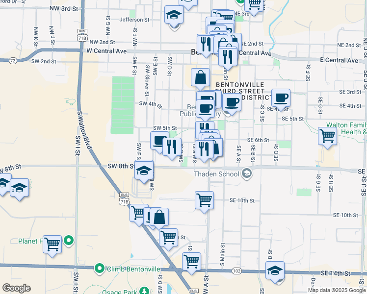 map of restaurants, bars, coffee shops, grocery stores, and more near 331 Southwest 6th Street in Bentonville
