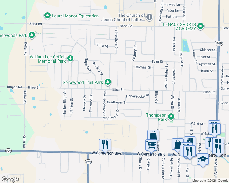 map of restaurants, bars, coffee shops, grocery stores, and more near 1041 Bliss Street in Centerton