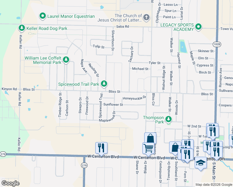 map of restaurants, bars, coffee shops, grocery stores, and more near 1041 Bliss Street in Centerton