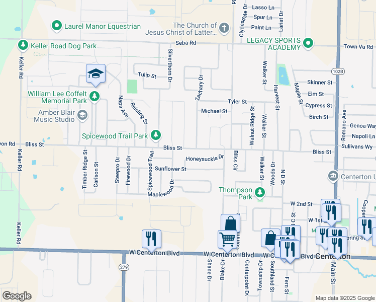 map of restaurants, bars, coffee shops, grocery stores, and more near 650 Appleridge Drive in Centerton