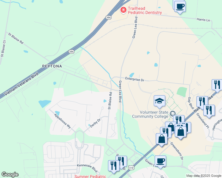 map of restaurants, bars, coffee shops, grocery stores, and more near 310 Saint Blaise Road in Gallatin
