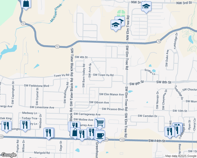 map of restaurants, bars, coffee shops, grocery stores, and more near 3801 Southwest Town Vu Road in Bentonville