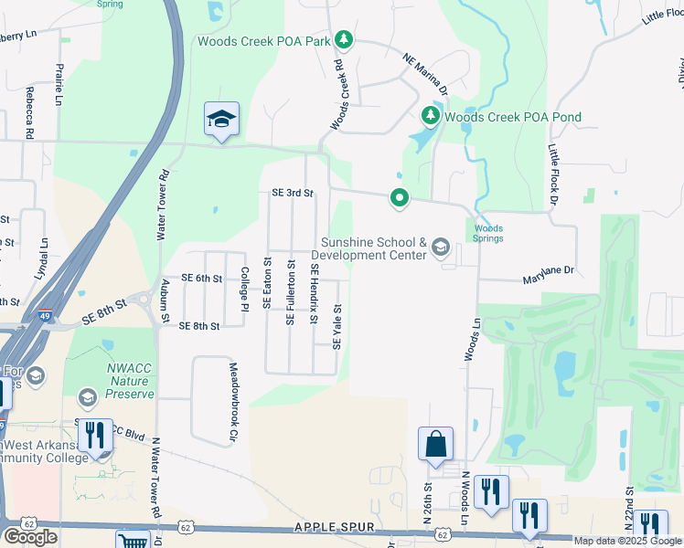 map of restaurants, bars, coffee shops, grocery stores, and more near 4301 Southeast 6th Street in Bentonville