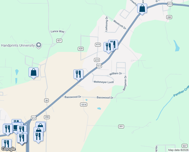 map of restaurants, bars, coffee shops, grocery stores, and more near 30 Wehmeyer Loop in Mountain Home