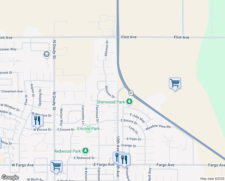 map of restaurants, bars, coffee shops, grocery stores, and more near 3101-3123 Fairmont Drive in Hanford