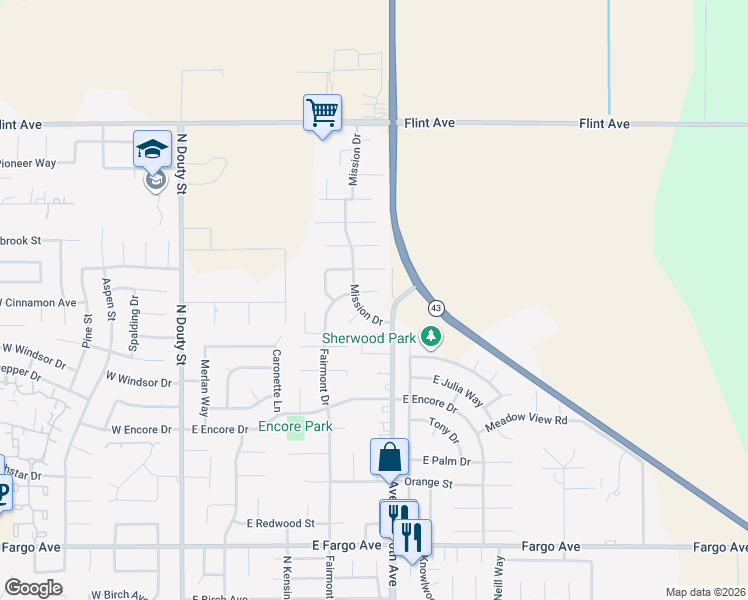 map of restaurants, bars, coffee shops, grocery stores, and more near 3101-3123 Fairmont Drive in Hanford
