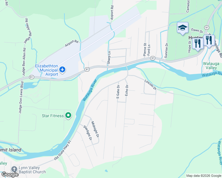 map of restaurants, bars, coffee shops, grocery stores, and more near 102 Mayfield Drive in Elizabethton