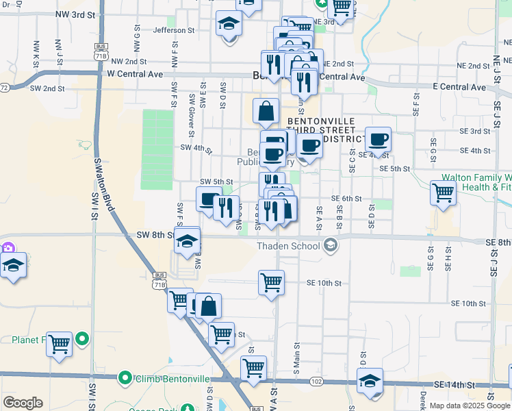 map of restaurants, bars, coffee shops, grocery stores, and more near 331 Southwest 6th Street in Bentonville
