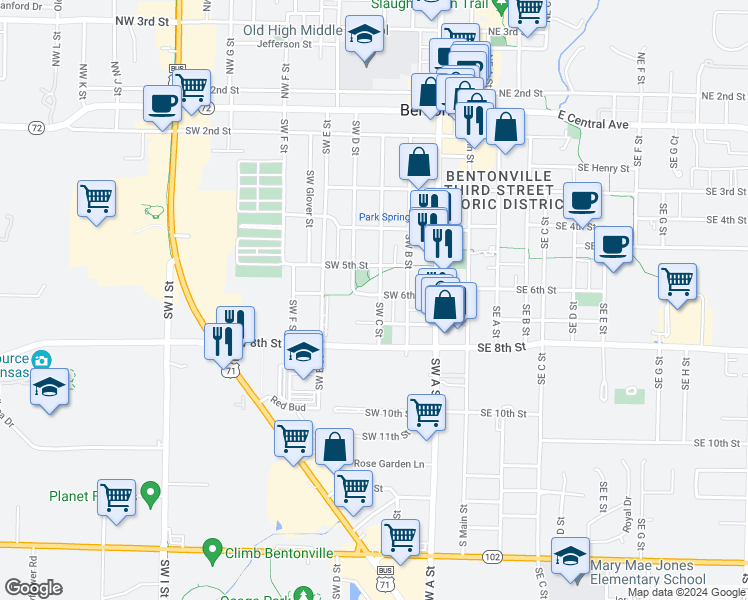 map of restaurants, bars, coffee shops, grocery stores, and more near 406 Southwest 6th Street in Bentonville