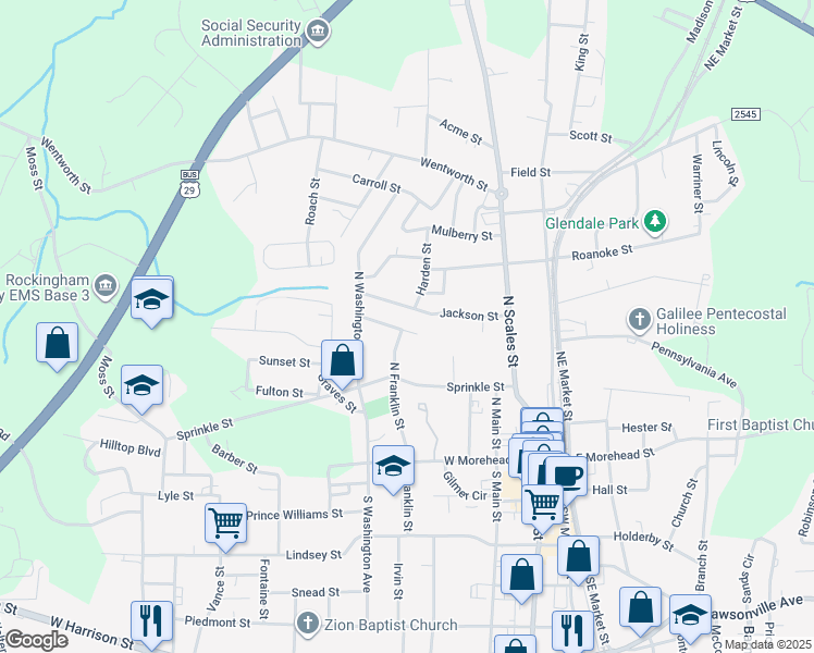 map of restaurants, bars, coffee shops, grocery stores, and more near 416 Terry Street in Reidsville