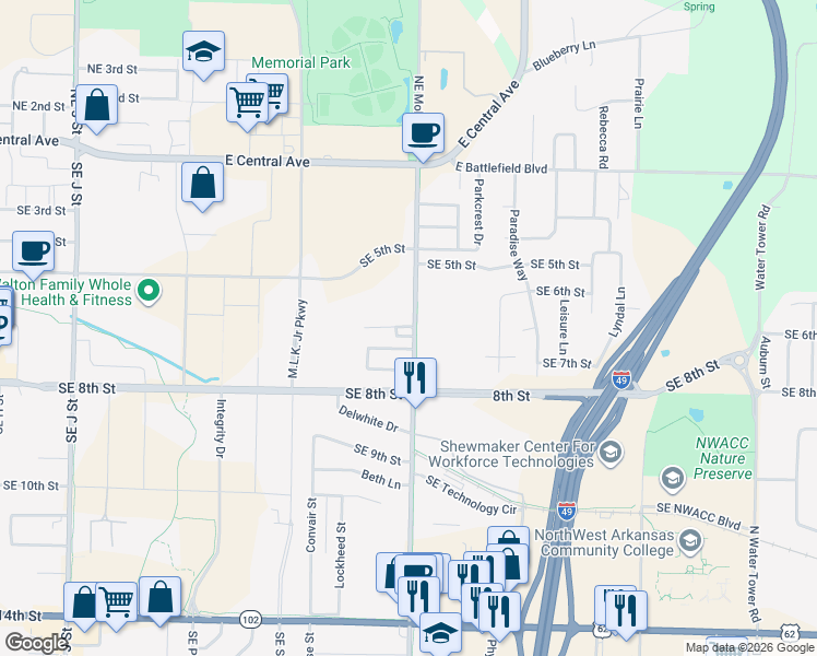map of restaurants, bars, coffee shops, grocery stores, and more near 602 Southeast Moberly Lane in Bentonville