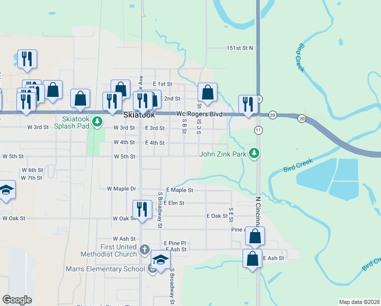 map of restaurants, bars, coffee shops, grocery stores, and more near 405 East 5th Street in Skiatook
