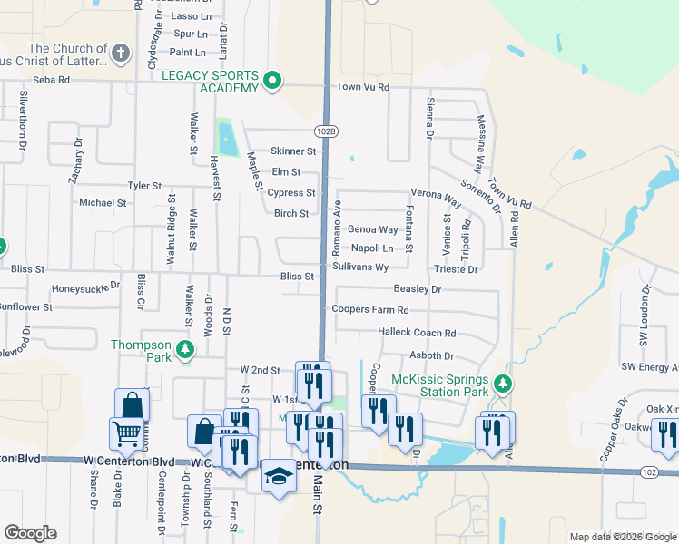 map of restaurants, bars, coffee shops, grocery stores, and more near 120 Sullivans Way in Centerton