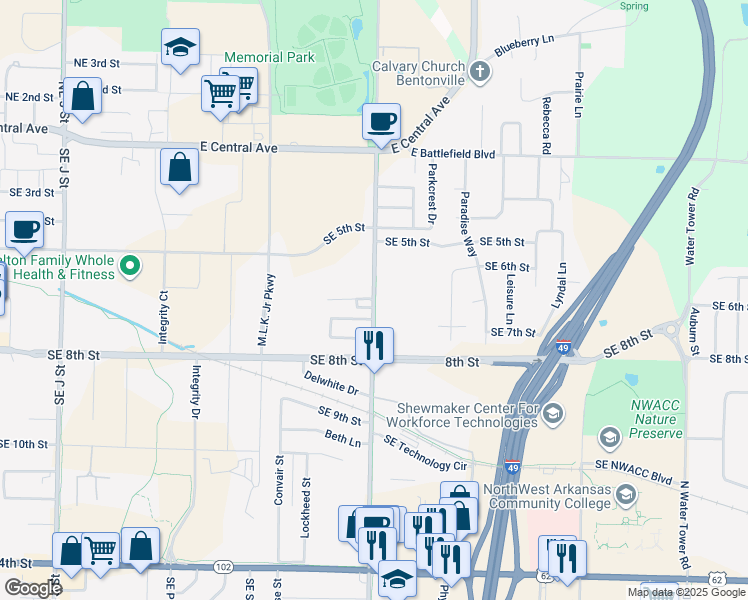 map of restaurants, bars, coffee shops, grocery stores, and more near 602 Southeast Moberly Lane in Bentonville