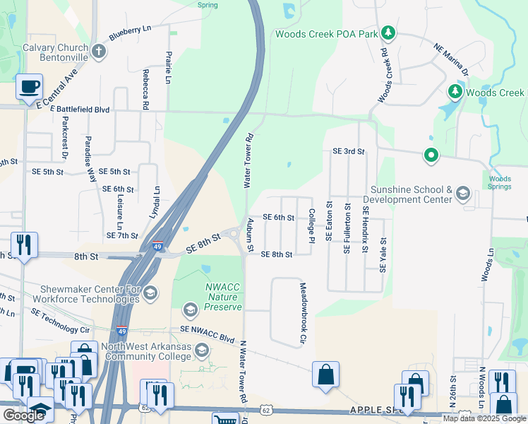 map of restaurants, bars, coffee shops, grocery stores, and more near 3507 Southeast 6th Street in Bentonville