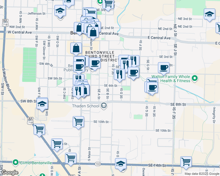 map of restaurants, bars, coffee shops, grocery stores, and more near 304 Southeast 6th Street in Bentonville