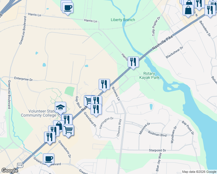 map of restaurants, bars, coffee shops, grocery stores, and more near 1325 Nashville Pike in Gallatin