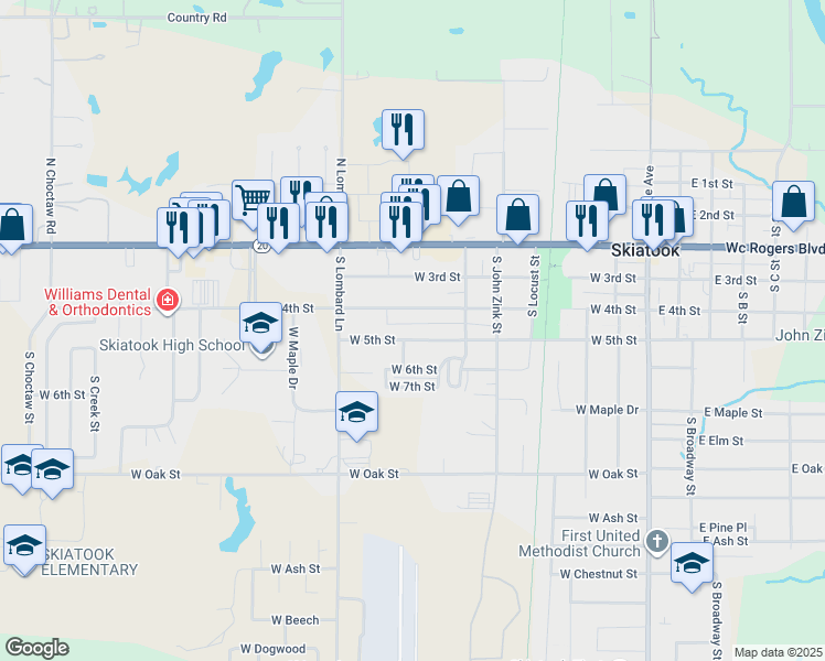 map of restaurants, bars, coffee shops, grocery stores, and more near 712 W 5th St in Skiatook