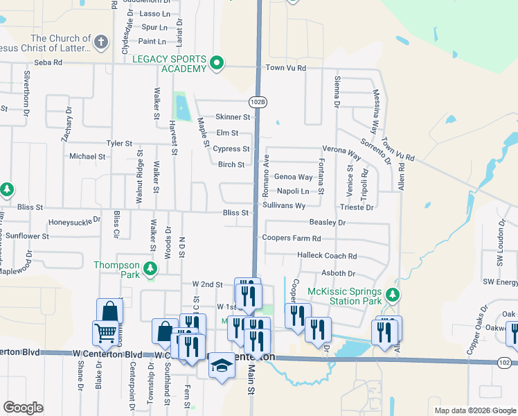 map of restaurants, bars, coffee shops, grocery stores, and more near 120 Sullivans Way in Centerton