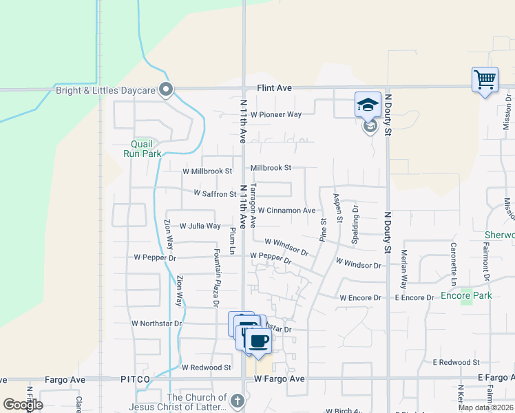 map of restaurants, bars, coffee shops, grocery stores, and more near 610 West Cinnamon Avenue in Hanford