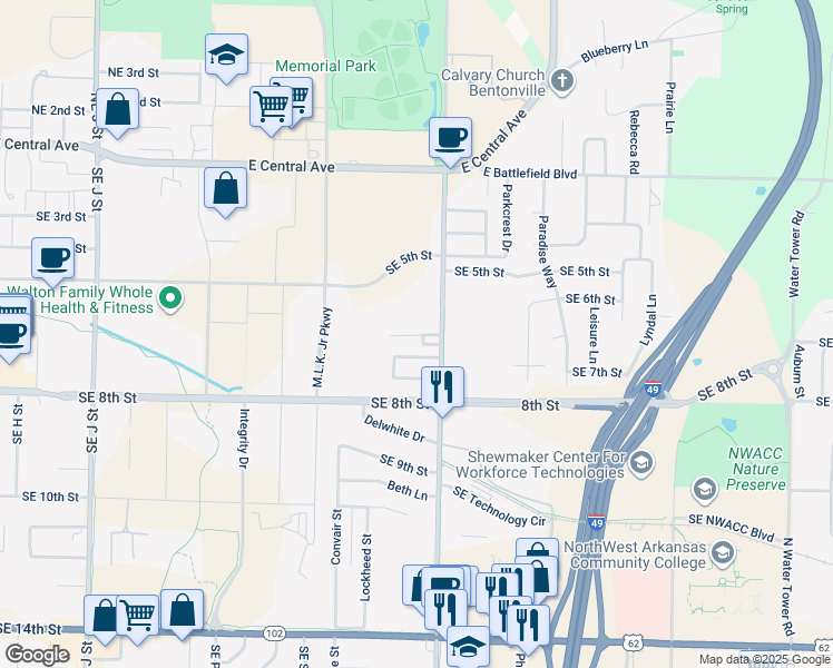 map of restaurants, bars, coffee shops, grocery stores, and more near 2400 Southeast Jayel Terrace in Bentonville