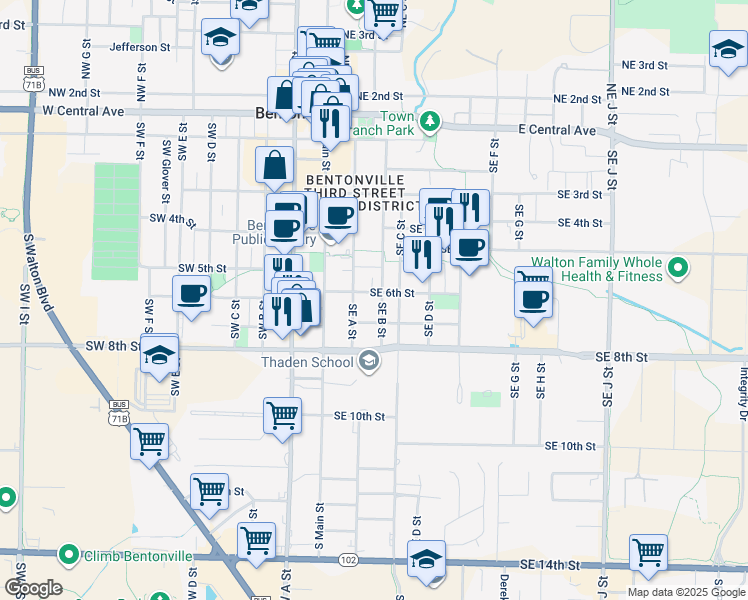 map of restaurants, bars, coffee shops, grocery stores, and more near 202 Southeast 6th Street in Bentonville