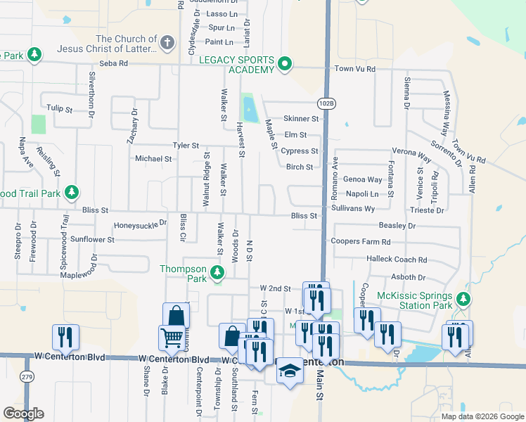 map of restaurants, bars, coffee shops, grocery stores, and more near 360 Bliss Street in Centerton