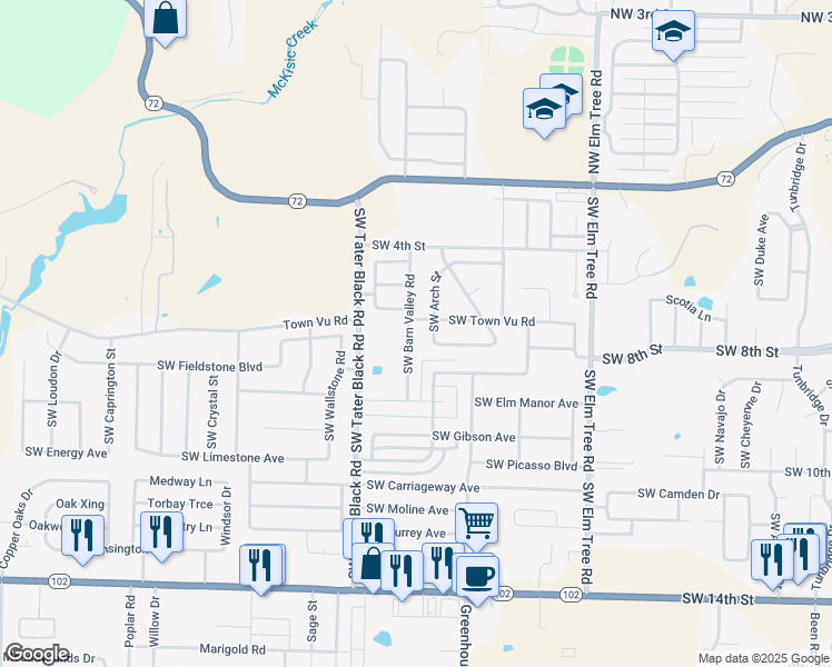 map of restaurants, bars, coffee shops, grocery stores, and more near 603 SW Barn Valley Rd in Bentonville