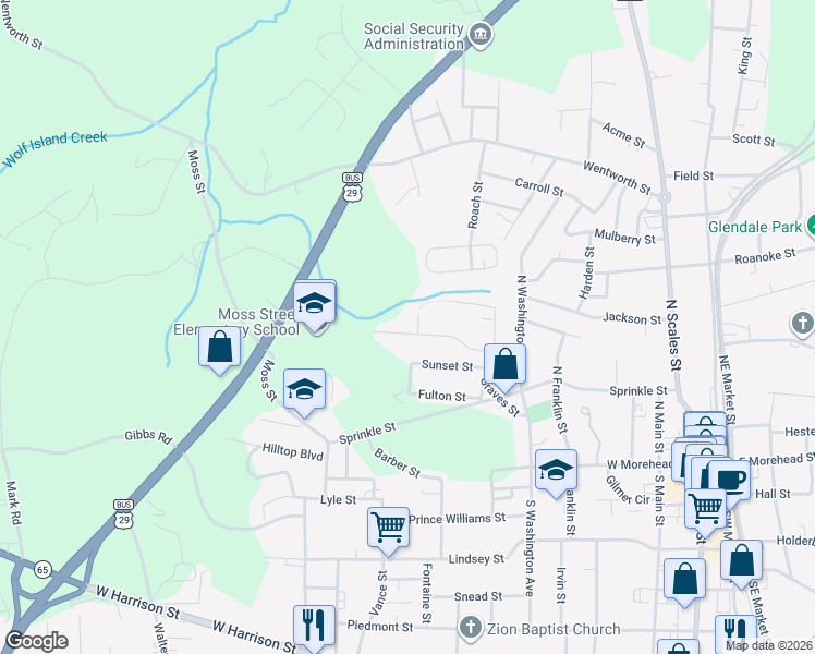 map of restaurants, bars, coffee shops, grocery stores, and more near 906 Moore Street in Reidsville