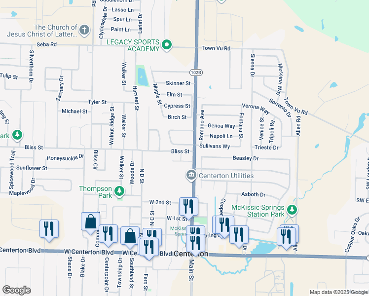 map of restaurants, bars, coffee shops, grocery stores, and more near 105 Fox Run Circle in Centerton