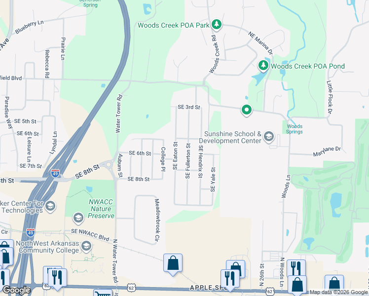 map of restaurants, bars, coffee shops, grocery stores, and more near 504 Southeast Fullerton Street in Bentonville