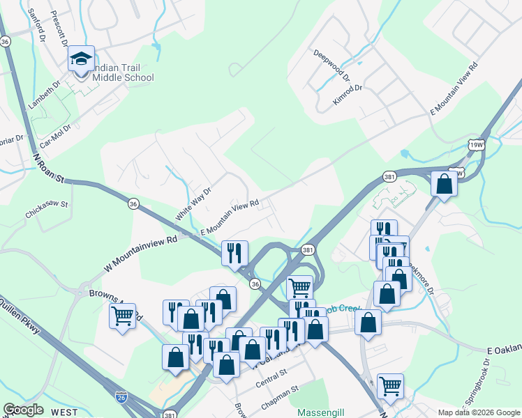 map of restaurants, bars, coffee shops, grocery stores, and more near 402 East Mountain View Road in Johnson City