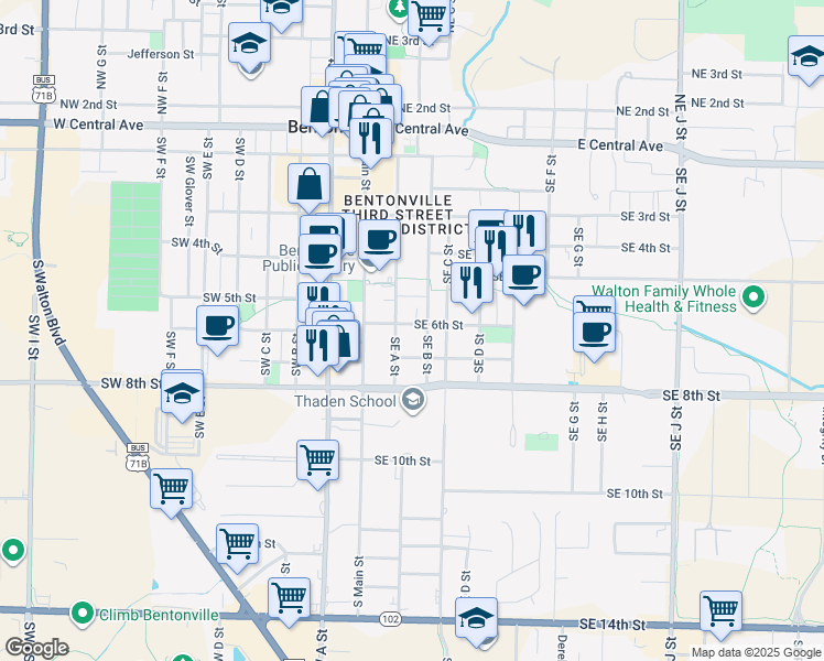 map of restaurants, bars, coffee shops, grocery stores, and more near 202 Southeast 6th Street in Bentonville
