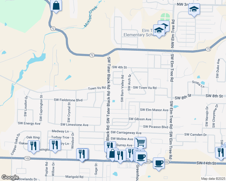 map of restaurants, bars, coffee shops, grocery stores, and more near 601 Southwest Tater Black Road in Bentonville